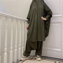 Zimaes-Men Big and Tall Solid Color Jilbab Dubai Casual Pant 2PC