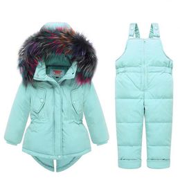 Clothing Sets Baby Kids Girl -25 Degree Russia Winter Coloured Fur Hooded Coat Overall Jumpsuit Snow Children SuitClothing