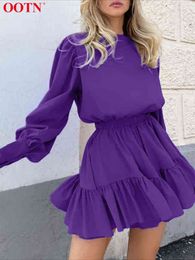 OOTN Purple Lantern Sleeve O-Neck Mini Dress Female Ruffled A-Line Dresses For Women High Waist Bodycon Dress Summer Autumn 2022 T220804