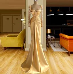 Amazing Yellow Mermaid Prom Dresses Lace Appliques Square Collars Evening Dress Custom Made Pleats Women Formal Celebrity Party Gown