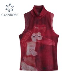 Tie Dye Mesh High Neck Hand Painted Printed Women Top Summer Fashion Sleeveless Slim T Shirt Lady Holiday Beach Style Tops 220328