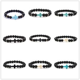 8mm Black Stone Beads Cross Charms Elastic Strand Bracelet Bangle for Women Men Jewellery