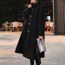 Black Long Wool Coat Women Winter Overcoat 2020 Vintage Button Woollen Coats Fashion Korean Loose Warmness Female Office Outwear T200814