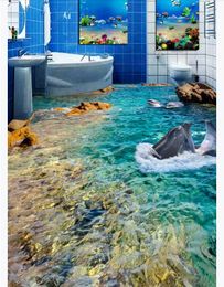 Custom photo flooring wallpaper 3d Wall Stickers Mediterranean HD Dolphin Sea Bathroom Bedroom 3D Floor Painting walls papers home decor