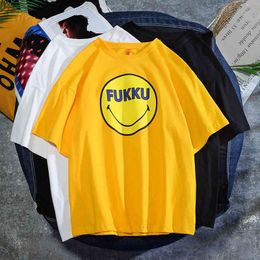 T shirts clothes Ulzzang Smiling Face Round Neck Top Tide Brand Pure Cotton Bottomed Shirt Youth Off Shoulder Loose Short Sleeve T-shirt Men's Wear