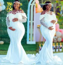 2022 Plus Size Mermaid Wedding Dresses Maternity Bridal Gown Scoop Neck Long Sleeves Sweep Train Satin Custom Made Arabic Illusion Sheer Vestido De Novia 401 401