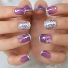 False Nails Glossy Light Purple 3D Butterfly Press On French Fake Holo Glitter Squoval Square Short For Girl Finger Art Prud22