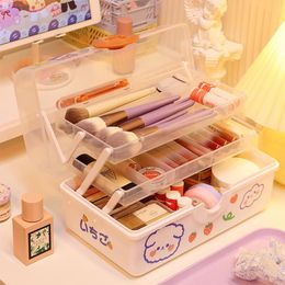 Cosmetic Bags & Cases Kawaii Organiser Storage Box Transparent 3 Layers DIY Stickers Stationery Case Portable Makeup BoxCosmetic