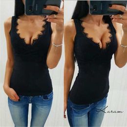 Ladies Vest Top Sleeveless V-neck Lace Casual Tank Tops Solid White Black Summer 220616