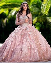 Rose Gold Pale Pink Quinceanera Dresses Beaded 3D floral illusion long sleeve lace-up corset back Tulle Sequined Prom Sweet 15 16 Dress XV Party Wear