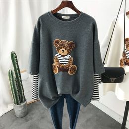 Women Long Sleeved T-shirt Spring and Autumn Embroidered Little Bear Cartoon T Shirt Fake Two-Piece Loose Top 220402
