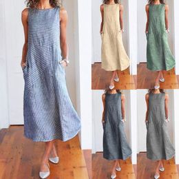 30h Dress Woman Casual Striped Print Long Sleeveless Dresses O Neck Linen Pocket Summer For Women