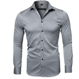 Men's Casual Shirts Grey Elastic Bamboo Fibre Shirt Men Brand Long Sleeve Mens Dress Non Iron Easy Care Business Work Chemise Homme 2XlMen's