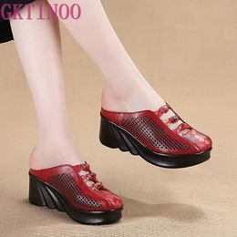 GKTI Fashion Cutout Slippers Summer Closed Toe Wedge Sandals Genuine Leather Lady Slides Shoes Woman Y200423 GAI GAI GAI