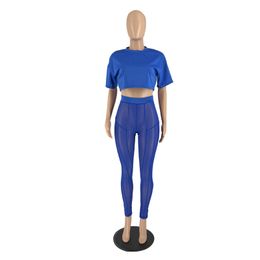 Summer Tracksuits Women Clothes Short Sleeve Solid T Shirt Crop Top+Mesh Pants Two Piece Set Spring Casual Matching Set Club Wear 7148