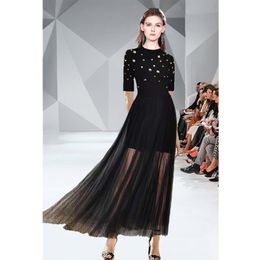 Party Dresses Spot Catwalk Shows Black Nail Bead Short-Sleeved Sweater White Gauze Pleated Skirts Two Piece Suit