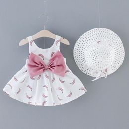 Girl's Dresses Infant Baby Girls Dress Kids Bowknot Banana Print Princess Hat Summer Outfits Clothes Cute Sleeveless Sundress For GirlsGirl'