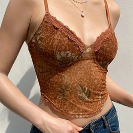 Rapcopter Floral y2k Camis Brown Crop Top Lace Frill Cute Corset Top Spaghetti Strap Sweats Harajuku Tee Top Women Beach Vests 220607