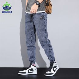 Spring Summer Loose Men's Jeans Text Embroidery Baggy Elastic Waist Harlan Cargo Jogger Trousers Male Grey Large Size M-8XL 220726