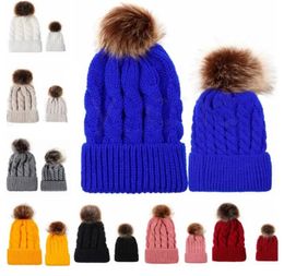 Mom And Baby Pompon Warm Hats Imitation Raccoon Fur Bobble Beanie Kids Cotton Knitted Parent-Child Hat Winter Caps