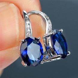 Dangle & Chandelier Luxury Female Blue Oval Earrings Korean Small Silver Color Clip For Women Crystal Zircon Stone Wedding EarringsDangle