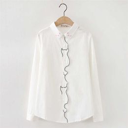 HSA Placket Cat Embroidered Button Long Sleeve Loose Female Kawaii Blouses Women Blouse Turn-Down Collar Sweet Shirt Tops 210716