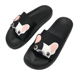 Cute Cartoon Dog Women Slides Fashion Pu Leather Beach Shoes Woman Flat Heels Flip Flops Barefoot Slippers Woman Y200106