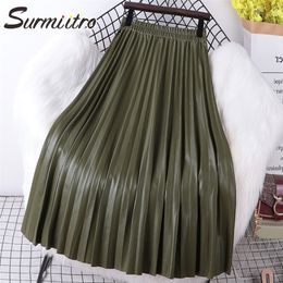 SURMIITRO Fashion Autumn Winter PU Leather Long Pleated Skirt Women Korean Style High Waist A Line Maxi Female 220317