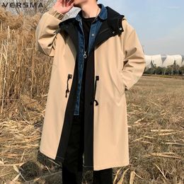 Men's Trench Coats VERSMA Korean Style Trendy Long Windbreaker Men Coat Autumn Vintage Casual Jacket Hooded British Overcoat Viol22