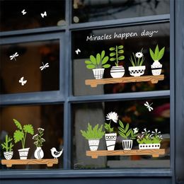 Wall Decoration Stickers Flower Potted Plant Pot Shop Glass Door Window Wall Stickers Removable Self Adhesive PVC Decals 220727