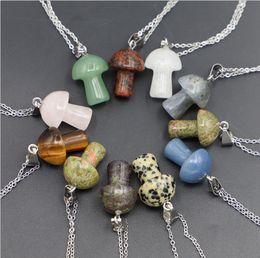 Lots Carved Gemstones Mushroom Pendant Charms Black Rope Chain Women Healing Crystals Figurine Pendant Necklace Jewelry