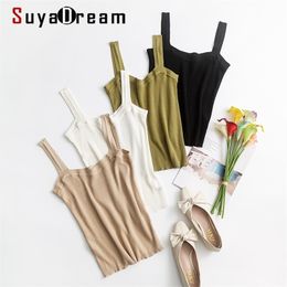 SuyaDream Women Silk Camisole 70%Silk 30%Cotton Kitted Chic Camis Spring Summer Solid Bottoming Shirt 220316