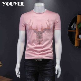 T-shirt Men's Mercerized Cotton Deer Head Rhinestone Summer Fashion O-Neck Soft Comfortable High Quality Male Tee Top Clothing Y220630