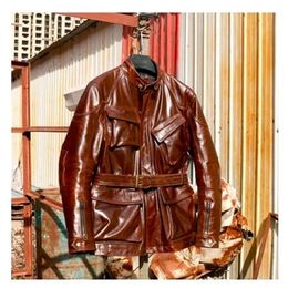 YRSuper Italy tanned cowhide wearVintage Hunting style leather jacketPlus size classic genuine leather coat 201128