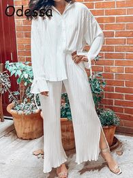 Women's Two Piece Pants Odessa Women Shirt Pleated Sets Causal Loose Home Suit Long Sleeve Blouse High Wasit Wide Leg Set Office OutfitsWome