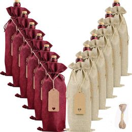 Rustic Jute Burlap Wine Bags Drawstring Wine Bottle Covers Reusable Wrap Gift Package Bag