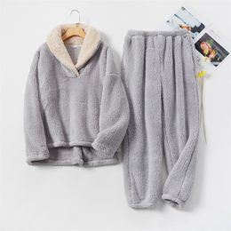 JULY'S SONG Flannel Winter Pyjamas Set Thickening 2 Pieces Women Sleepwear Casual Loose Warm Homewear Coral Fleece Nightwear 220329