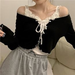 Women Long Sleeve T-shirts Lace-up Cardigan Patchwork Ruffles Trendy Sweet Lovely Crop Tops Sexy Females Coat Leisure Outwear 220411