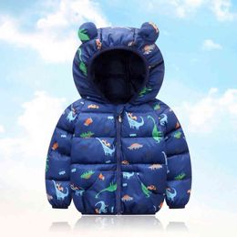 2021 Winter Keep Warm Girls Boys Jacket Cartoon Dinosaur Print Hooded Down Jacket For Children Kids Christmas Gift Outerwear J220718