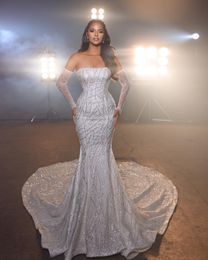 Gorgeous Mermaid 2023 Wedding Dress With Long Sleeve Strapless Neck Beading Sequined Bridal Gowns Robe de mariee