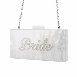 Evening Bags Pearl White With Silver Glitter Name Bride Acrylic Box Clutches Ladies Handbags Fashion Handmade Claps Beach ClutchEvening