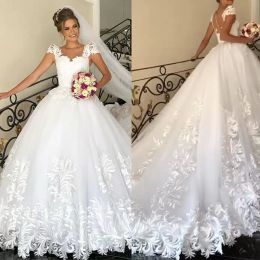 2022 Gorgeous Lace Applique Wedding Dresses Bridal Gown Tulle Sweep Train Cap Sleeves Sheer Neck Custom Made Plus Size vestidos de novia