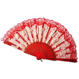 Lace Dance Fan Show Craft Folding Fans Rose Flower Design Plastic Frame Silk Hand Fan 10 Colors