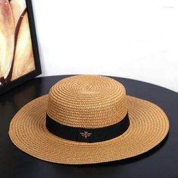 Wide Brim Hats Sun Small Bee Straw Hat European And American Retro Gold Braided Female Loose Sunscreen Sunshade Flat Cap Visors Scot22