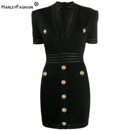 HarleyFashion New Design Summer Sheath Knit Dress V-neck Short Sleeve Black Hole Mini Casual Quality Straight Elastic Dress 210302