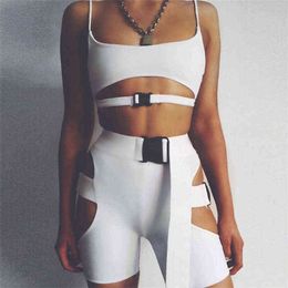 Summer Women Two Piece Set Shorts Set Button Crop top Hollow Shorts Sexy Gothic Hip Hop Casual Party Clothes Streetwear O Y220804