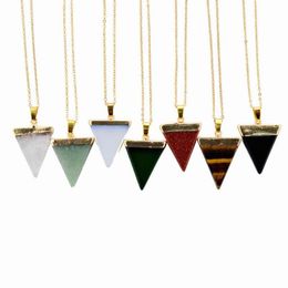 Natural Stone Crystal Stone Pendant Necklaces Healing Gemstone Gold Plated Triangle Jewellery For Women Girl With Chain