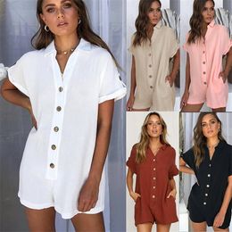 Fashion women's summer solid color lapel shirt button jumpsuit shortsleeved blended low waist bohemian lady straight hot pants T200505