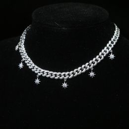 Drop Ship Bling Cuban Chain Women Choker Necklace Silver Colour Clear Cubic Zirconia CZ Star Starburst Charm Necklaces Jewellery