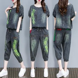 Women's Tracksuits Cotton Denim Sports Leisure Loose Suit Women's Summer O Neck Shirts Pants Plus Size 4XL Two-piece Two Piece Set Femal